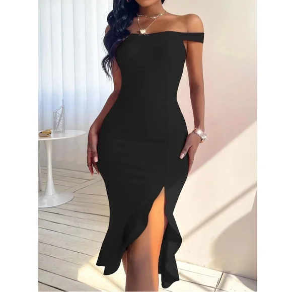 Off Shoulder Black Ruffle Detail Mermaid Dress - Picture 4 of 7